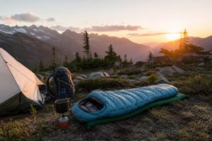 Lightweight backpacking sleeping bag laid out beside a tent and pack at sunrise in the mountains.