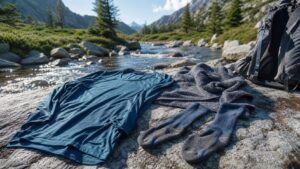 Hiking base layer shirt, socks, and towel drying beside an alpine stream.