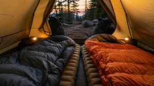 Two sleeping bags arranged inside a tent at dusk on insulated sleeping pads.