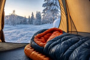 Warm sleeping bag inside an open winter tent with snowy forest outside.