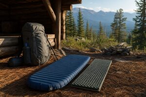 Inflatable and foam sleeping pads beside backpacking gear at a mountain campsite.