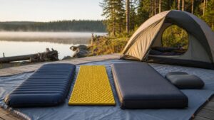 Inflatable, foam, and thick camping sleeping pads arranged beside a lakeside tent in morning light.