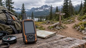 Rugged handheld GPS device with blank screen beside compass and map at a backcountry trail junction.