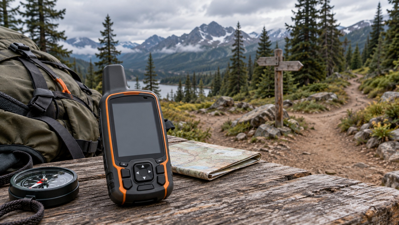 Rugged handheld GPS device with blank screen beside compass and map at a backcountry trail junction.