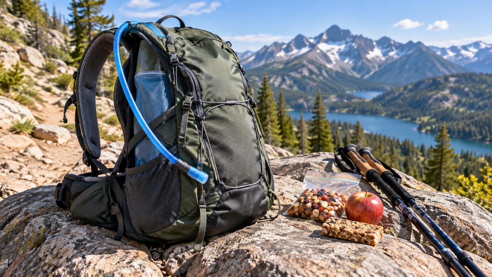 Hydration pack with drinking hose and water reservoir beside trail snacks at a sunny mountain overlook.