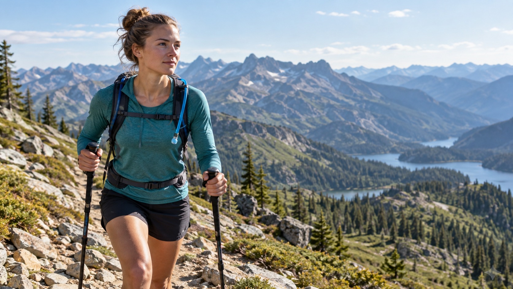 Long-distance hiker wearing a lightweight hydration pack on an alpine trail.