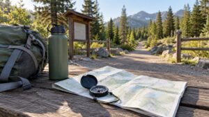 Beginner hiking navigation setup with compass and map on a trailhead table beside a daypack.