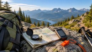 Compass, folded map, handheld GPS, whistle, and backpack on a mountain trail overlook.