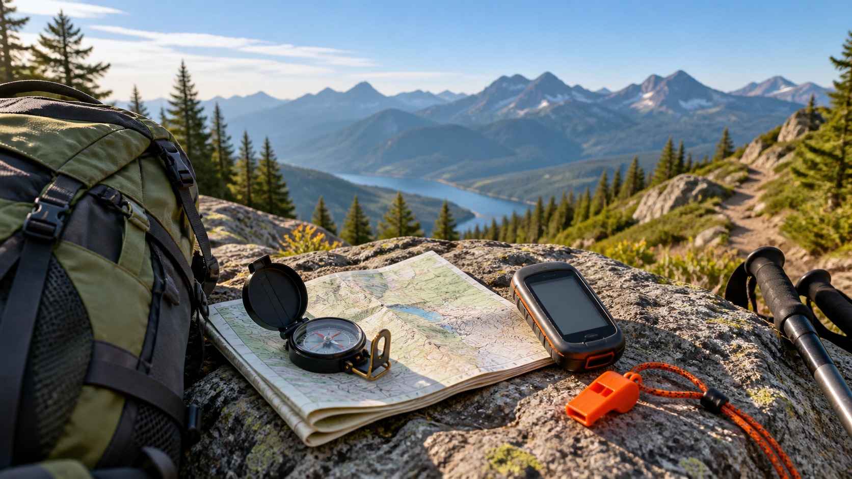 Compass, folded map, handheld GPS, whistle, and backpack on a mountain trail overlook.