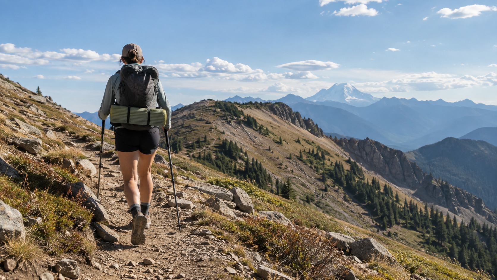 Long-distance backpacker with ultralight pack and trekking poles walking along a mountain ridge.
