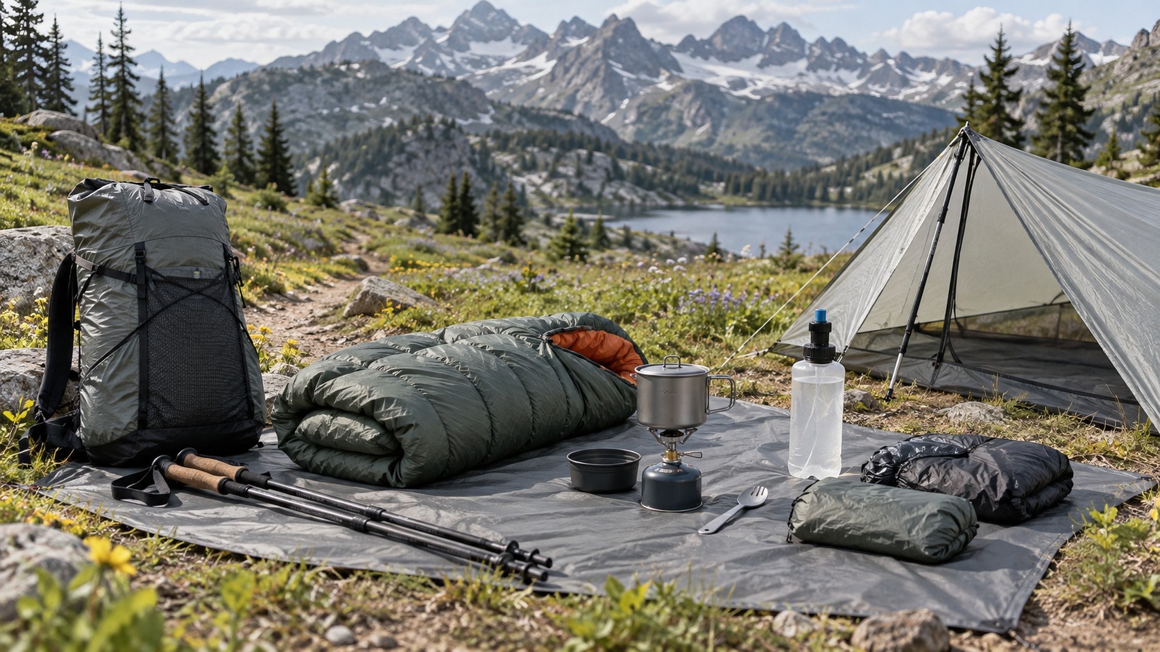 Ultralight backpacking gear laid out beside a mountain campsite with tarp shelter and compact stove.