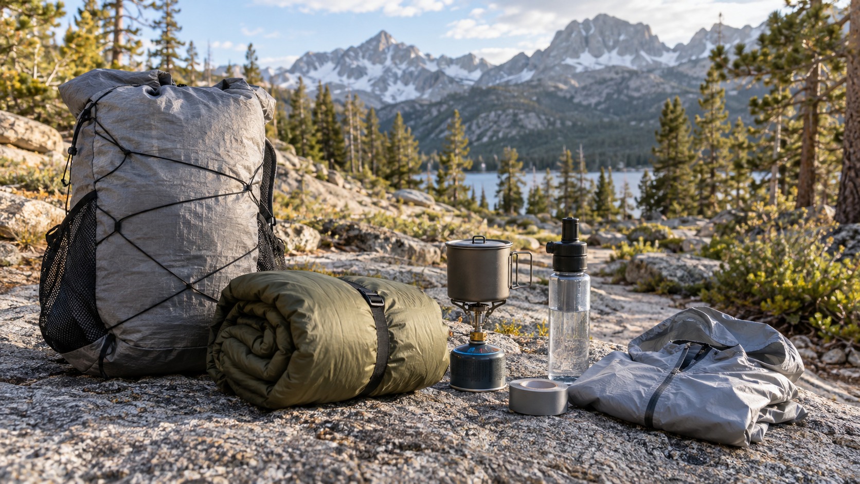 Ultralight hiking gear with frameless pack, quilt, stove, water filter, and rain shell arranged on granite.